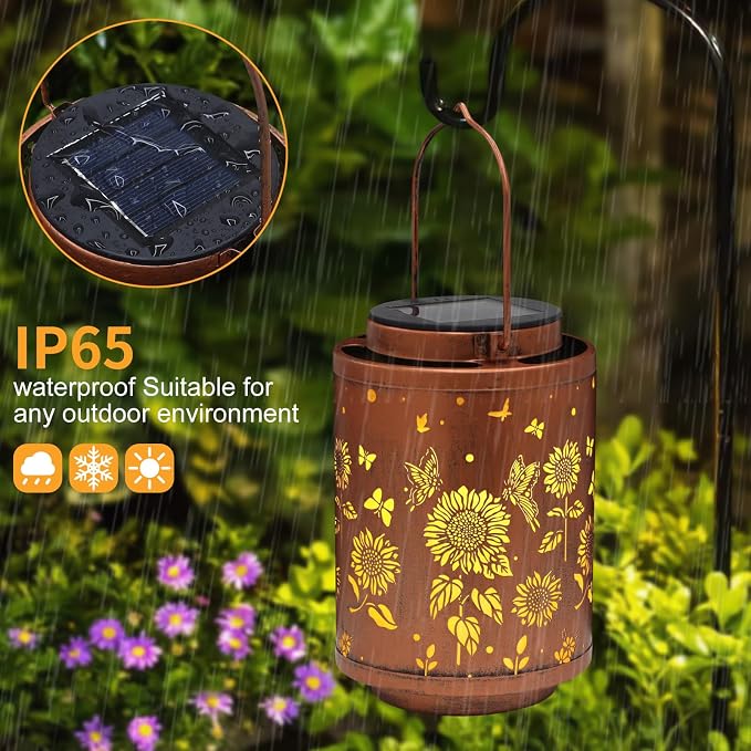 2 Pack Solar Outdoor Lanterns,Butterflies Garden Decor LED Light Hanging Waterproof Solar Metal Lanterm Gifts for Women Mon Grandma Sunflower Solar Lights Outdoor Decoration