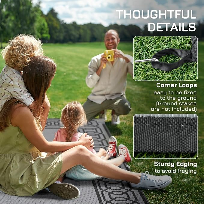 Outsunny Outdoor Rug for Patio, 9' x 12' Waterproof Large Mat, Reversible Plastic Straw Rug for Decor, Portable Outside RV Camping Area Carpet Mat for Backyard Porch Deck Picnic, Black & Gray Border