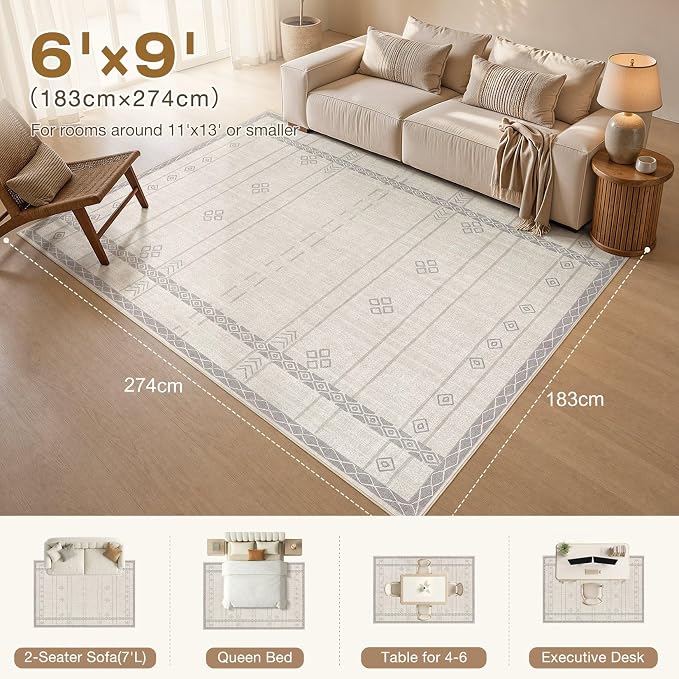 cotiled 6x9 Area Rugs for Living Room: Boho Washable Rug for Dining Room | Stain Resistan Indoor Soft Carpet for Bedroom Nursery Beige Grey
