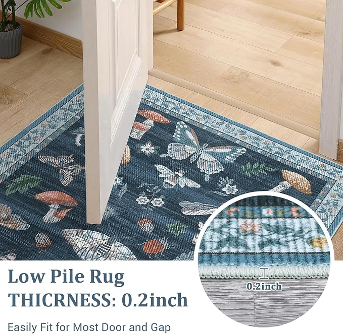 2.5x8 Runner Rug for Hallway Washable Kitchen Rugs Non Slip with Rubber Back Mushroom Soft Low-Pile Stain Resistant Foldable Indoor Carpet for Entryway Laundry Room Floor Mats Blue