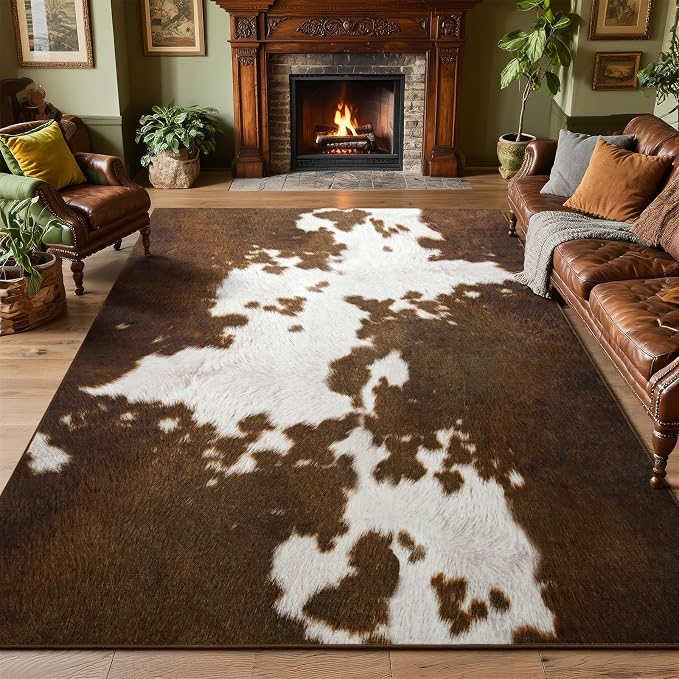 DweIke Cow Print Rugs for Living Room, 6x9 Large Soft Faux Animal Cowhide Area Rug, Washable Non-Slip Stain Resistant Throw Carpet for Dining Room Office Western Home Decor, Light Brown