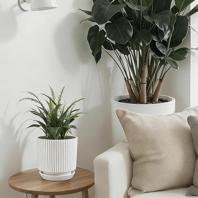 Ceramic-5.1-inch-Flower-Pots-with-Saucer, Small Planters for Indoor Plants with Drainage Hole, White Textured Vertical Stripe Plant Pots for Home Decor, Garden Pot For Succulent Cactus Mint Basil Herb