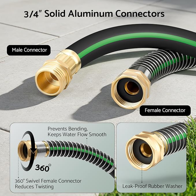 Heavy Duty Garden Hose 30 ft x 5/8", 5-Layer Hybrid Rubber Water Hose with 3/4" Swivel Brass Male to Female Fittings, 1000 PSI Burst, No-kink for Lawn, Backyard, Black & Green