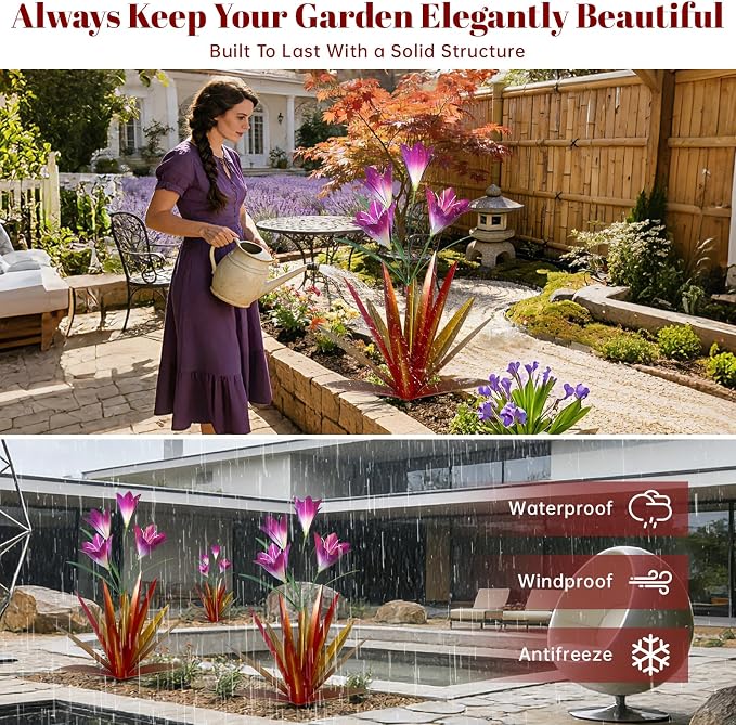 TOMBABY 32.28 Inch Metal Agave Plant Outdoor Decoration Lily Mexican Yard Art Garden Gift Home Decor Hand Painted Metal Agave Garden Yard Statue (2pc, Red)