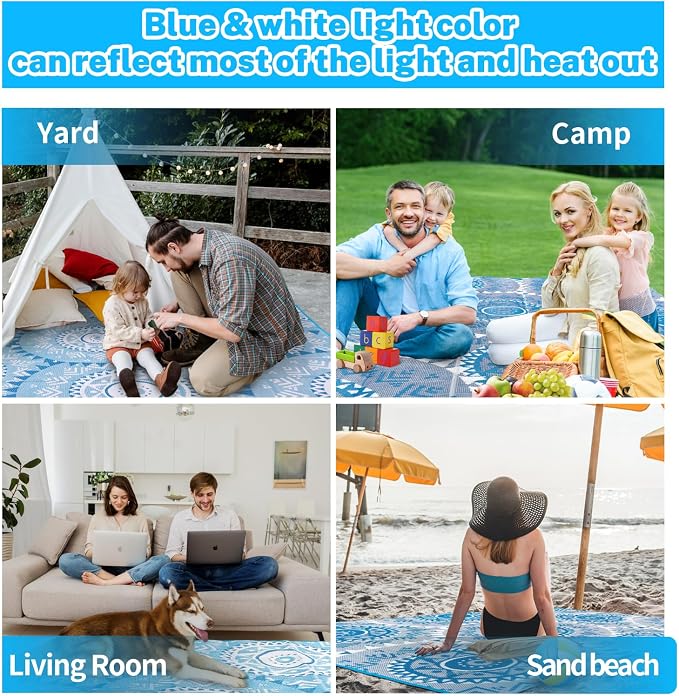 Alfolo Patio Rugs Outdoor 8x10 Waterproof Plastic Straw Reversible Outdoor Rugs for Deck,Backyard,RV Camping,Poolside, Stain & UV Resistant Fade Proof Portable Boho Blue & White Outdoor Mat