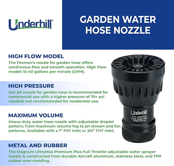 Underhill Garden Water Hose Nozzle Sprayer Jet Attachment, Heavy-Duty Metal and Rubber, Adjustable, Magnum UltraMax Premium Plus Series 1" High Flow Turbo Shift, NG550-DFH-10