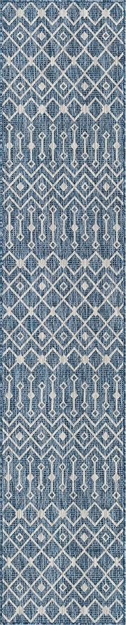 Unique Loom Outdoor Trellis Collection Area Rug - Tribal Trellis (2' x 10' Runner, Blue/ Ivory)