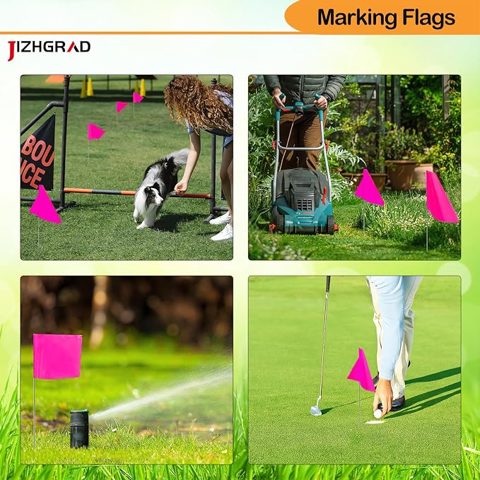 200Pack Pink Marking Flags, JIZHGRAD 15x4x5 Inch Marker Flags Use for Yard & Lawn, Boundary & Dog Training, Survey & Landscape, Sprinkler & Surveyor, Garden & Construction, High Visibility, Sturdy, Versatile, UV & Weather Resistant
