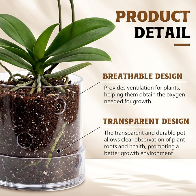4 Inch Clear Acrylic Orchid Planter Pot with 360° Round Holes & Tray, Thick Acrylic Vented Planter for Phalaenopsis, Root Airflow, Bottom Watering & Indoor Orchid Repotting