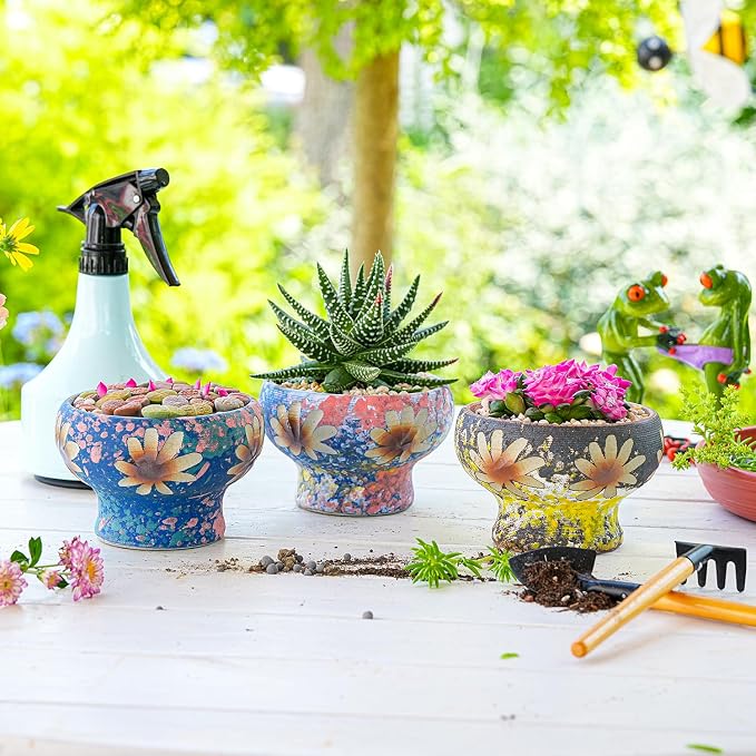 Sungmor Small Succulent Planters Set of 3, Beautiful Hand Crafted Ceramic Plant Pots Cute Cactus Pot, 4.9 Inch Flower Pots for Indoor Plants with Drainage, Desktop Windowsill Home Office Decor Pots