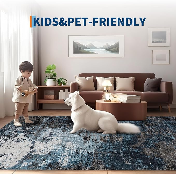 GarveeHome 4x6 Washable Area Rug Modern Abstract Blue Green | Non-Slip Backing, Stain-Resistant Low Pile Floor Cover, Colorful Indoor Mat, Bedroom, Kitchen, Laundry