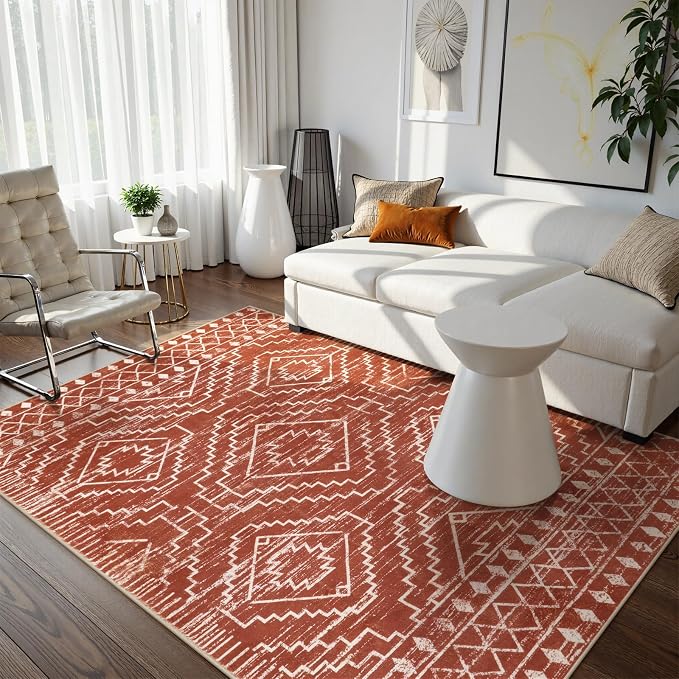 Wonnitar Moroccan 5x7 Area Rugs, Large Soft Rug for Dining Room, Washable Bohemian Tribal Living Room Bedroom Rug, Geometric Non-Shedding Indoor Carpet for Closet Nursery Entry (Brown,5'x7')