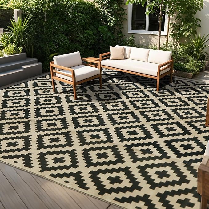 SAND MINE Reversible Mats, Plastic Straw Rug, Modern Area Rug, Large Floor Mat and Rug for Outdoors, RV, Patio, Backyard, Deck, Picnic, Beach, Trailer, Camping, Black & Beige, 10' x 14'