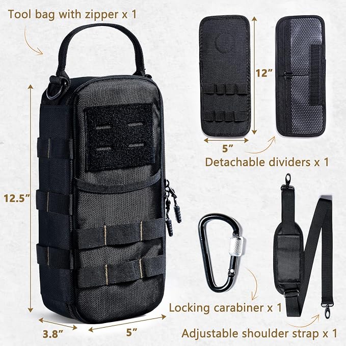 Heavy Duty Small Tool Bags for Men with Carabiner,Tactical Tool Pouch Bag,Portable Utility Tools Storage Organizer Case with Shoulder Strap for EDC,Motorcycle,Camping, Road Trip, Electricians
