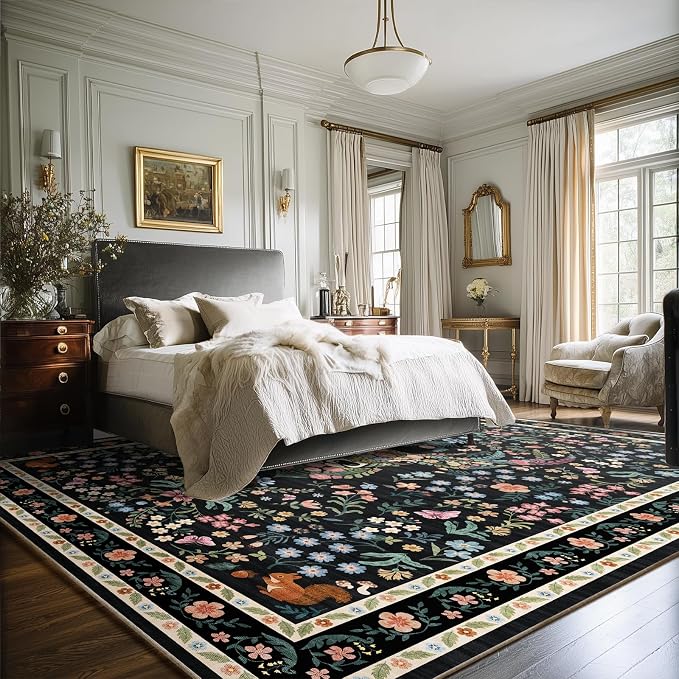 Area Rug Vintage Floral Deer Pattern 9x12 - Bohemian Forest Animal Carpet with Squirrel & Butterfly, Soft Decorative Area Rug for Living Room Bedroom Home Decor