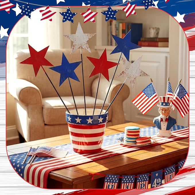 Pickmesh 6 Pcs 12" H 4th of July Outdoor Decor Vintage Patriotic Yard Decor Rustic Red Blue White Outdoor Metal Yard Sign Garden Stake Star 250th Anniversary American for Independence Day Decoration