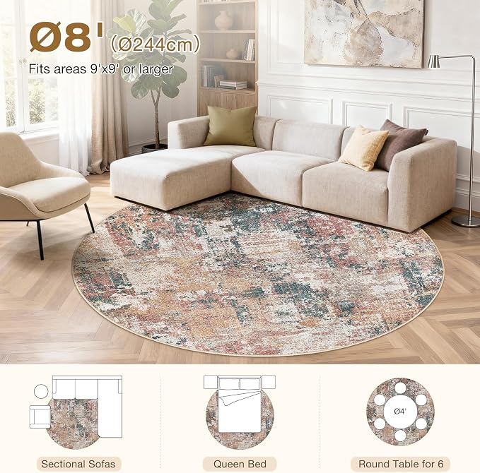 Tortania Washable 8' Round Area Rug for Living Room: Modern Abstract Neutral Large So' Thin Rugs - Non Slip Indoor Carpet for Bedroom Dining Room Office Nursery Home Floor Decoration - Colorful Multi