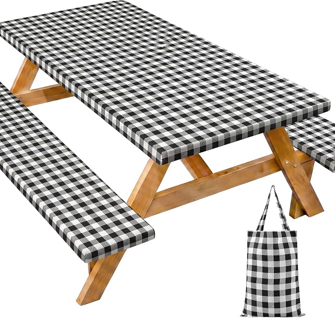 Dntorx Picnic Table Cover with Bench Covers and Bag 72in, Black | Waterproof, Windproof, Elastic Edges Fitted Rectangle, Camping Tablecloth, RV Gear Campers Must Have