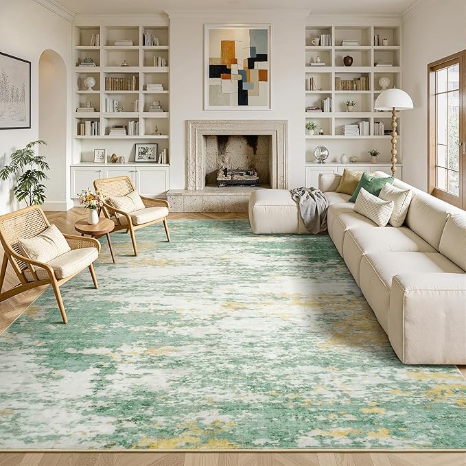9x12 Area Rug for Living Room, Abstract Washable Large Rugs, Light Green | Soft Neutral Carpet for Bedroom, Dining Room, Home Office Nursery Indoor, Stain Resistant,Non-Slip, Low Pile, Modern Rug
