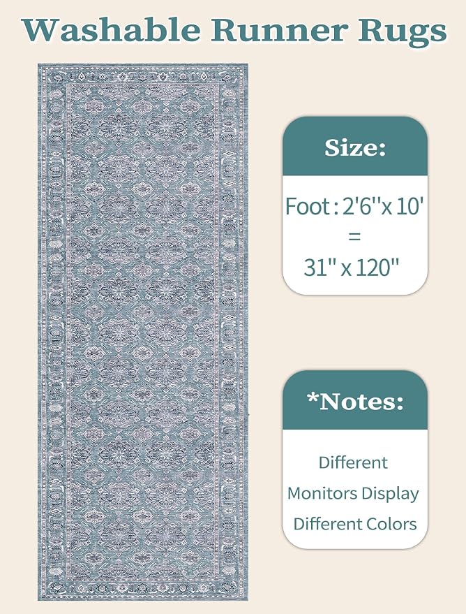 SERISSA 2'6"x10' Washable Non Slip Floral Boho Runner Rug for Hallway | Ultra Soft Vintage Floral Carpet Low-Pile Blue Grey Indoor Mat Throw Rug for Kitchen Stair Bedroom Bathroom Laundry Room