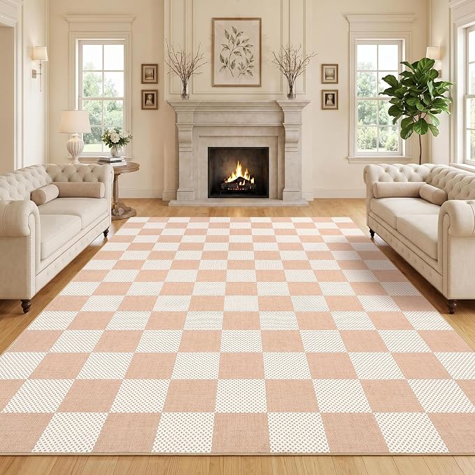 GarveeHome Checkered Blush Beige 8x10 Washable Rug Low-Pile Bedroom Nursery | Non-Slip Blush Beige Soft Stain Resistant Rug for Bedroom Bathroom Living Room Geometric Modern Rug TPE Backing