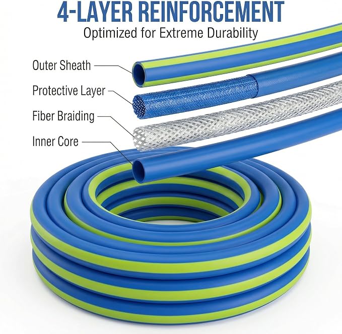 PremiumPro 25FT 5/8" Heavy Duty Reinforced Garden Hose, Large Flow,600 PSI Burst Pressure, Four Layer Hybrid Polymer Anti Kink with 360 Swivel Brass Connectors and handle for yard,washing & irrigation