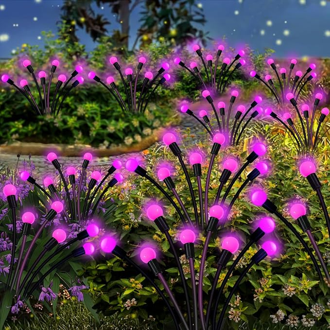Kohlrabi Solar Garden Lights Outdoor, 10 Pack 80 LED Pink Firefly Lights Waterproof, Sway by Wind, Solar Wind Swaying Light for Yard Patio Backyard Garden Planter Flower Bed Pathway Decoration