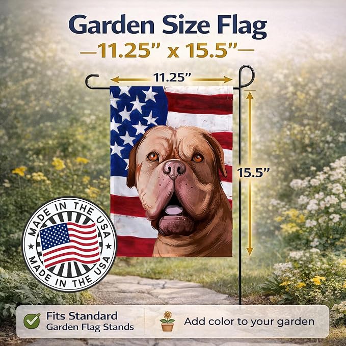 Caroline's Treasures CK6505GF Dogue de Bordeaux Dog American Flag Garden Flag Mailbox Flag Decorative Yard Flag Banner Outside Patio Artwork Yard Flower Beds, Garden Size, Multicolor