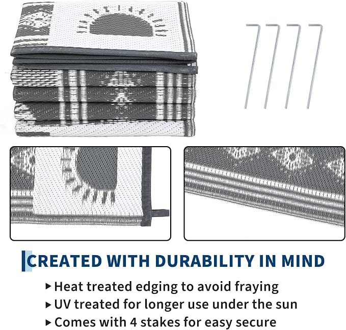 Garvee Waterproof Outdoor Rug 5x8, Cactus Botanical Outdoor Plastic Straw Rug for Camping, Reversible RV Mat Outside, Indoor Outdoor Carpet for Porch, Deck, Backyard, Balcony, Picnic, Grey