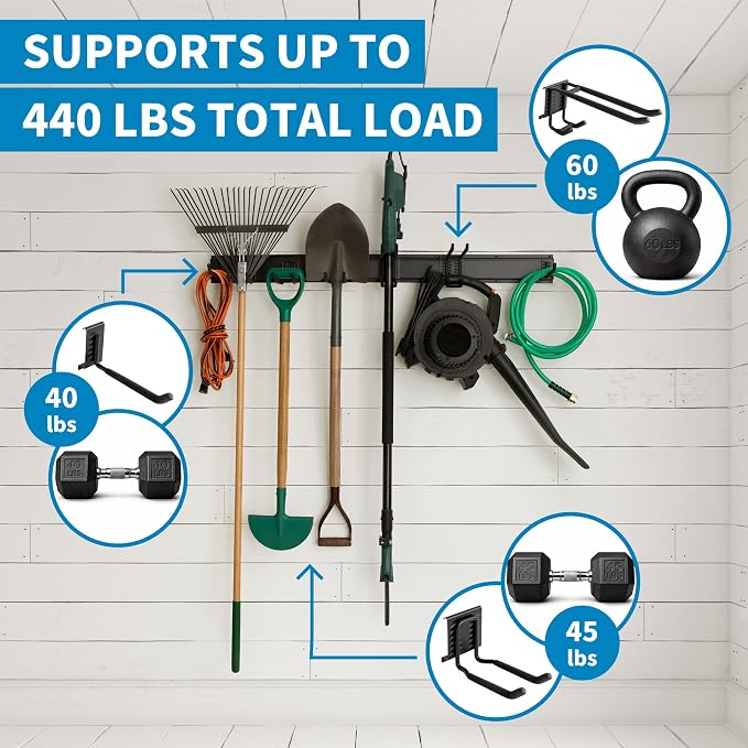 Precision Defined Garage Shovel And Rake Tool Organizer 48" 330lbs Capacity | Wall Mount Garden Tool Organizer, Garage Storage Rack, And Shed Organizer With Adjustable Hooks For Versatile Storage Options