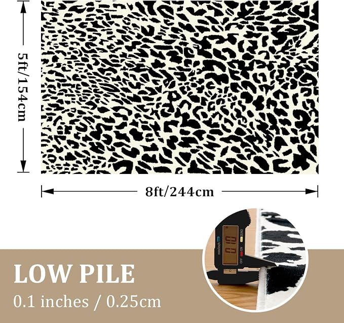 Leopard Rug for Living Room, 5x7 Black and White Cute Cheetah Print Rug Modern Washable Ultra-Thin Animal Printed Rugs for Bedroom, Girls Boys Dorm Room Nursery Room, Playroom
