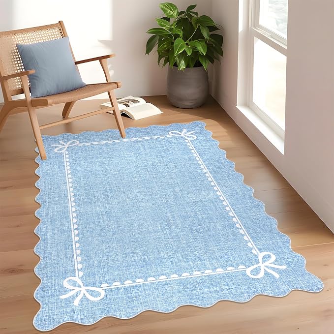 GarveeHome Scalloped Bow Rug 3x5 Washable Blue Rugs for Bedroom Living Room | Non Slip Soft Low Pile Indoor Carpet for Nursery Girls Bedroom Decor Hallway Kids Room College Dorm Playroom