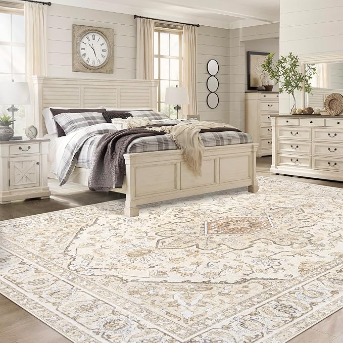 Area Rugs 8x10 Vintage Rug: Large Washable Living Room Rug Retro Medallion Distressed Soft Low Pile Non-Slip Indoor Floor Carpet for Bedroom Kitchen Nursery Dining Office (BeigeBrown, 8'x10')
