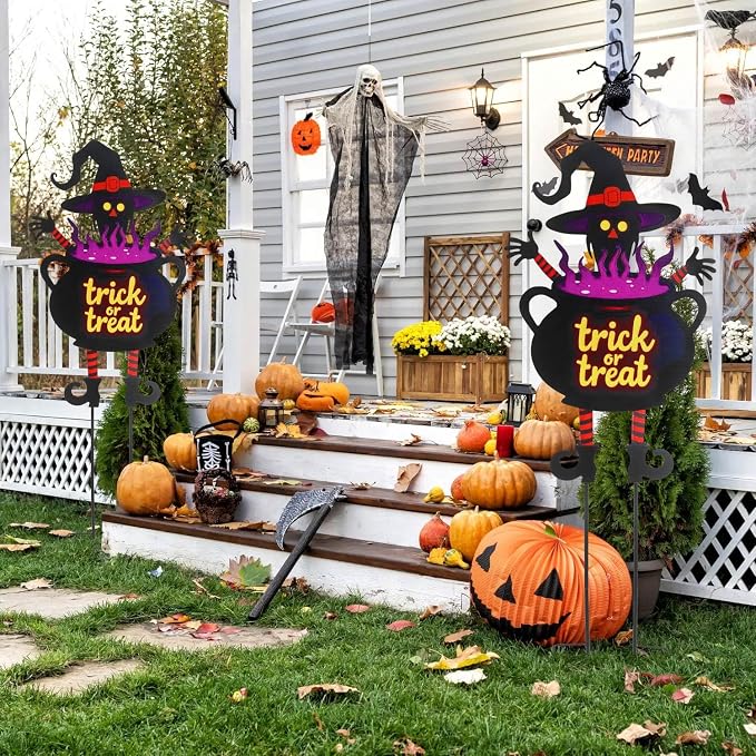 Witch Halloween Decorations Cauldron 39.7" with Trick or Treat Sign | Large Halloween Yard Stakes Metal for Garden, Lawn, and Outdoor Spooky Yard Decorations