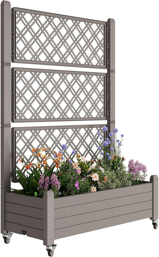 Resin Raised Garden Bed with Trellis and Wheels - Plasitc Planter Box with Trellis Outdoor with Drainage Holes & Water Monitor for Climbing Plants, Flower, Medium Gray(61.2" H)