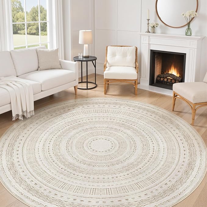 cotiled 8x8 Round Rug 8ft Circle Living Room Boho Area Rugs | Solve Modern Neutral Trendy Home Decor - Washable Foldable Indoor Carpet for Bedroom Home Office Brown Cream