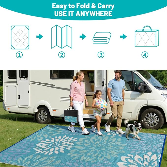 HEBE Waterproof Outdoor Rug 8x10 for Patios, Floral Reversible Plastic Straw Rug Patio Mat, Indoor Outdoor Carpet RV Mat Camping Rug for Deck, Camper, Porch, Balcony, Backyard, Picnic