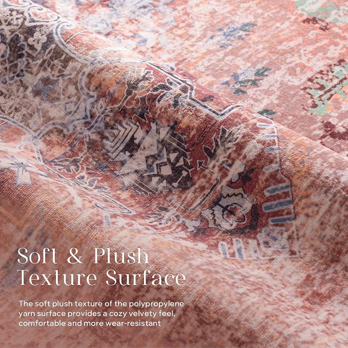 Phantoscope Washable Area Rug 6'x9' Non-Slip, Vintage Neutral Fall Rugs for Living Room, Bedroom, Dining Room, Distressed Boho Medallion Pattern, Low-Pile Foldable Floor Carpet, Rust Orange