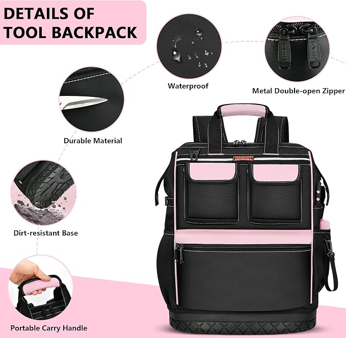 LOKASS Pink Tool Bag for Women, Wide-open Tool Backpack with Double-opening Metal Zipper, Waterproof Tool Storage Tote Bag for Female Workers-Large