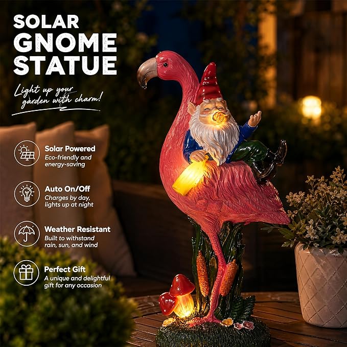Candieslife Middle Finger Gnome Riding Flamingo 13in, Funny Garden Statue Solar Powered Outdoor Yard Decor with LED Beer Bottle & Mushrooms, Waterproof Naughty Lawn Ornament Gag Gift for Patio, Porch
