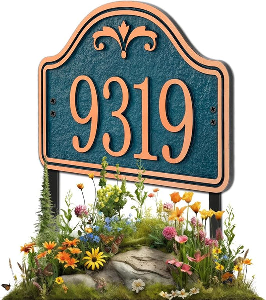 Personalized Lawn Address Plaque Sign with Stakes - House Address Signs for Outside Use for House,Apartment,Office,Yard (Green/Copper)