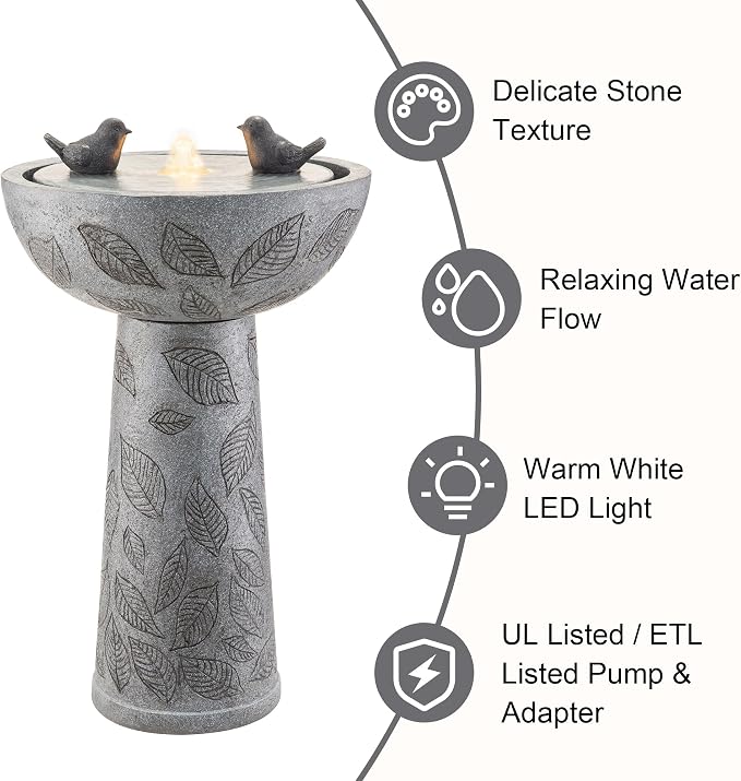 Glitzhome Outdoor Water Fountain with Lights & Pump, Bird Bath Fountain with Birds, 27.5" H Polyresin Floor Waterfall Fountains Water Feature for Garden, Yard, Patio, Home Decor