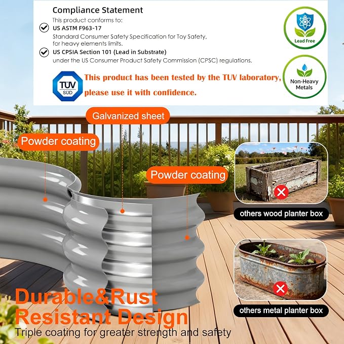 Rakukiri Raised Garden Bed Outdoor, GRS Certified Recycled Metal Planter Box 2 Sets, 4FT Galvanized Oval Herb Garden Kit, Bottomless Large Garden Beds for Vegetables Flowers, Rust-Resistant Gray