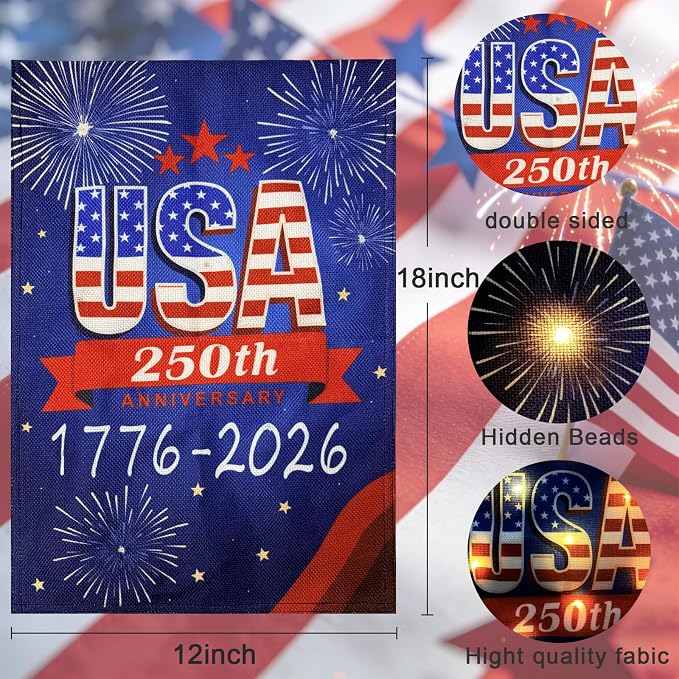 250 Anniversary USA Garden Flags-1776-2026 Double Side 12x18 Inch Patriotic 4th of July Decorations for Outside Flags with Lights- Solar LED Burlap US Flag for Memorial Day Decorations