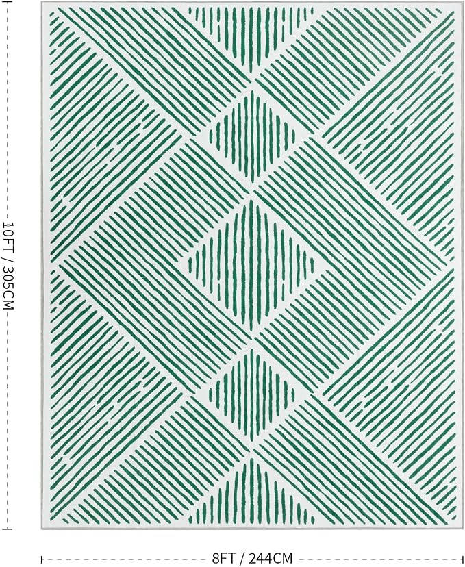 8‘x10' Washable Mid Century Modern Green Area Rug for Living Room | Soft, Non-Slip, Low Pile, Stain Resistant, Modern Geometric Stripe Large Rug for Bedroom Dining Room