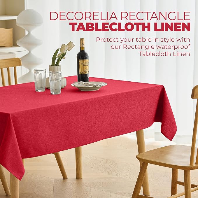 Decorelia Waterproof Wipe Clean Table Cloth for 10ft Banquet Rectangle Table, Outdoor Spillproof Wrinkle Free Tablecloth for Thanksgiving,Easter (Oblong, 60 x 144 Inch (12-14 Seats), Red)