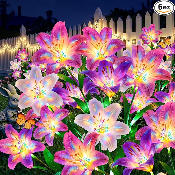 Solar Lights Outdoor Garden Decor - 6 Pack Solar Flowers with 30 Heads Colorful Lily Lights & Glowing Stems, Brighter Waterproof Decorative Garden Lights for Yard, Patio, Flower Bed, Gifts