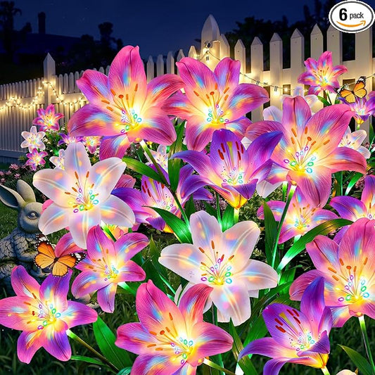Solar Lights Outdoor Garden Decor - 6 Pack Solar Flowers with 30 Heads Colorful Lily Lights & Glowing Stems, Brighter Waterproof Decorative Garden Lights for Yard, Patio, Flower Bed, Gifts