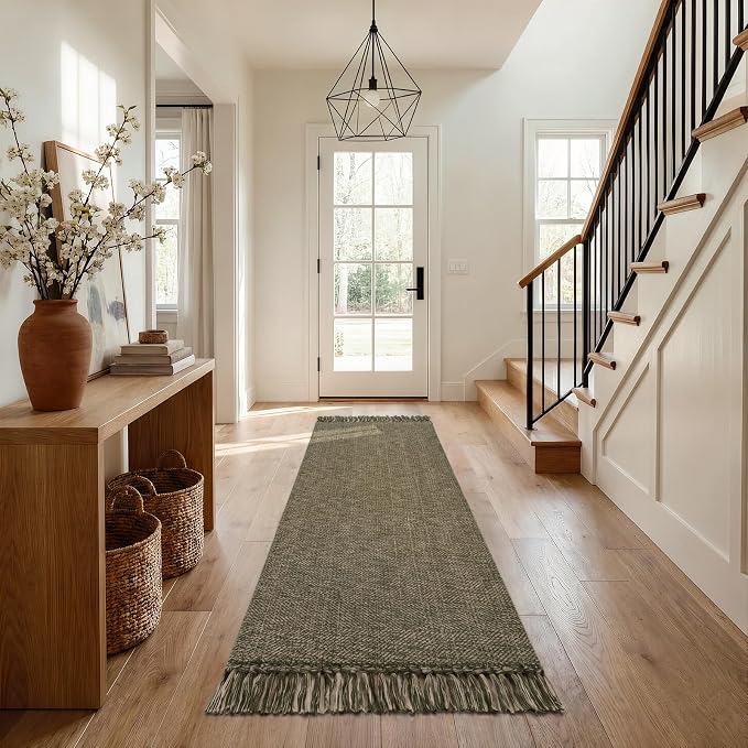 Boho Hallway Runner Rug, 2.6' x 7' Moss Green Bathroom Mats | Washable Modern Farmhouse Kitchen Runner Rugs, Hand Woven Entry Hall Carpet for Laundry Bedroom Decor