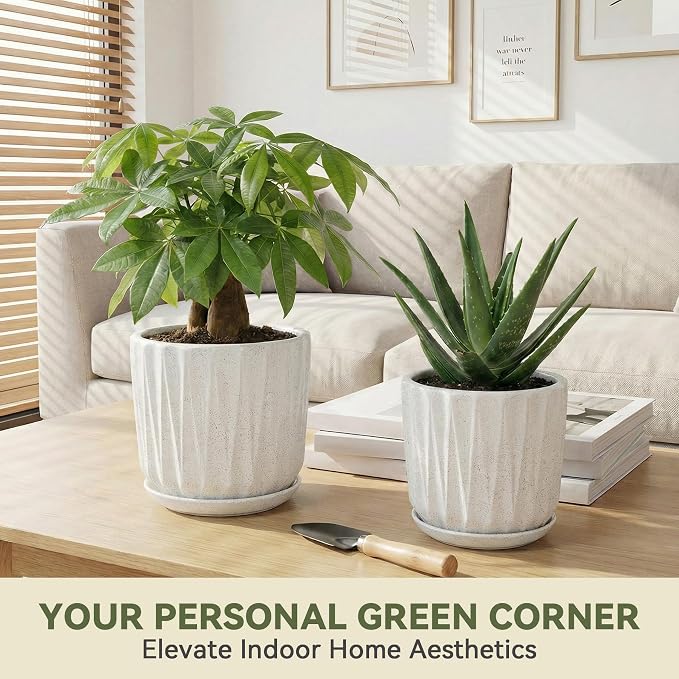 10 Inch Ceramic Planter Pot with Saucer Drainage Leak-Proof Mesh,Flower Pots for Indoor Plants with Gardening Gloves,Ceramic Planter(Waxen White)
